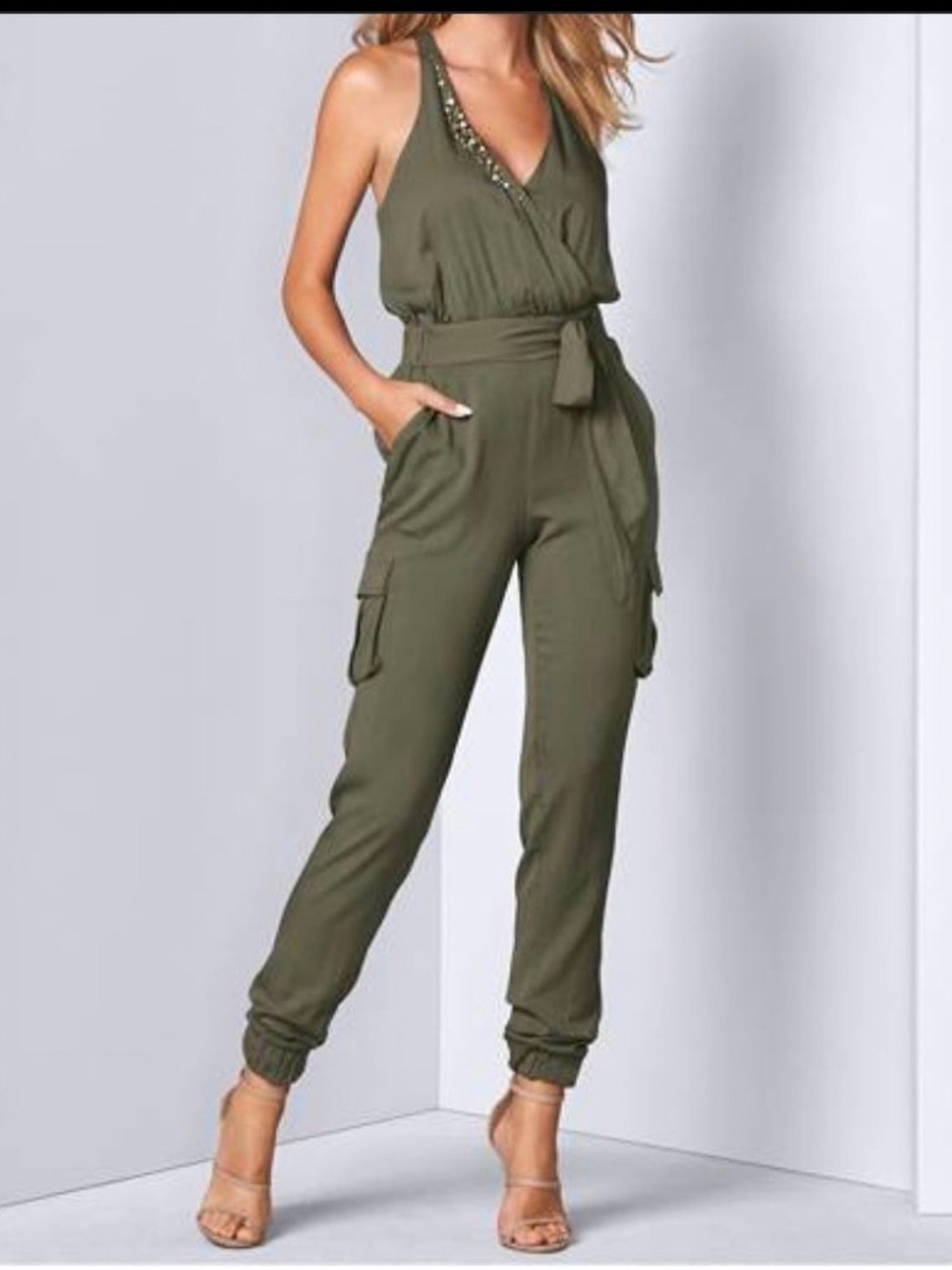Olive Green Sleeveless Pantsuit with rhinestone/beading Embellishments.